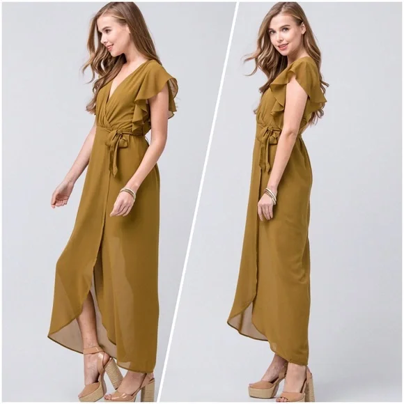 Flutter sleeve wrap midi dress